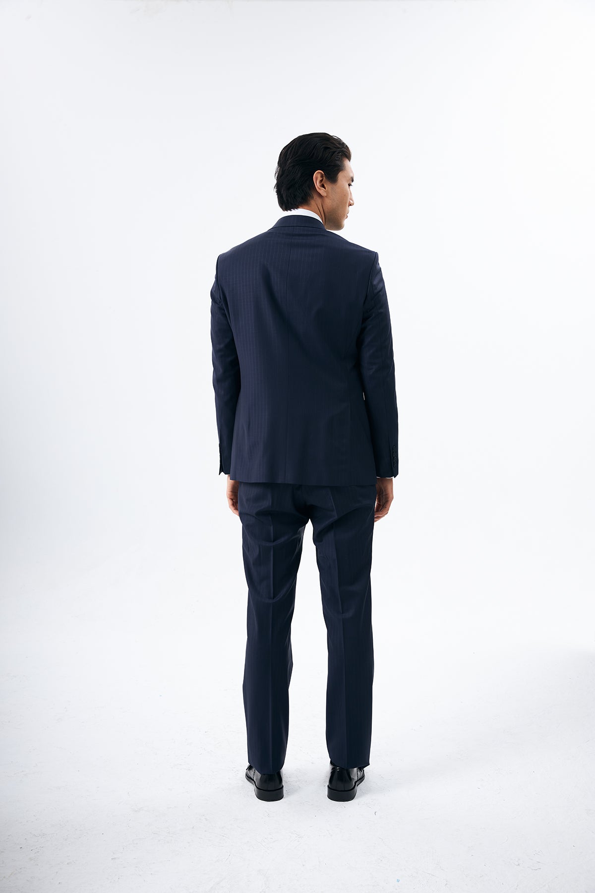 Navy Pinstripe Suit in 100% Wool
