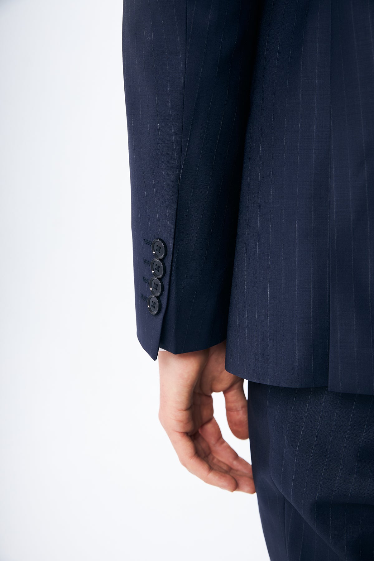 Navy Pinstripe Suit in 100% Wool