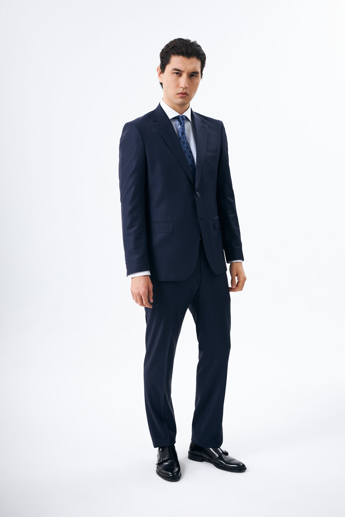 Navy Pinstripe Suit in 100% Wool