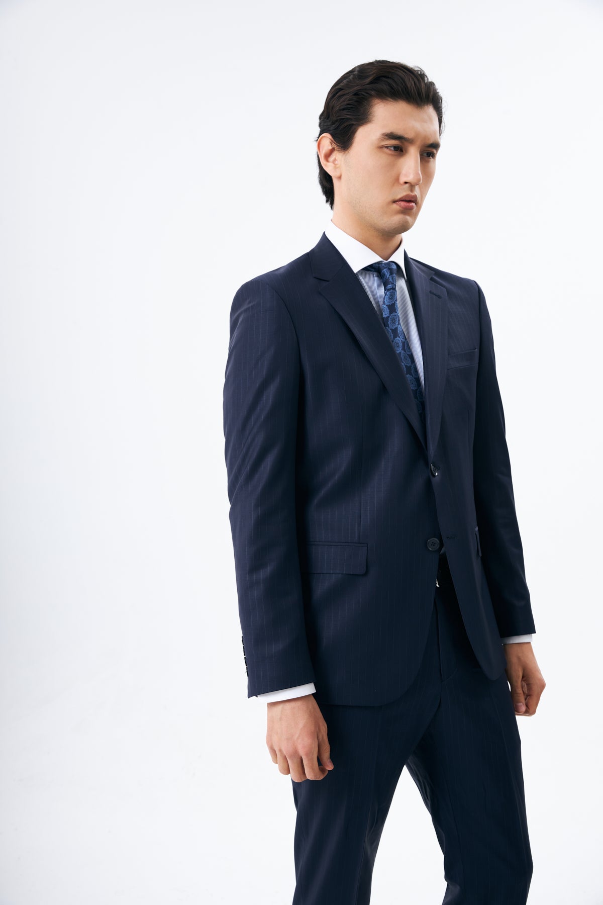 Navy Pinstripe Suit in 100% Wool